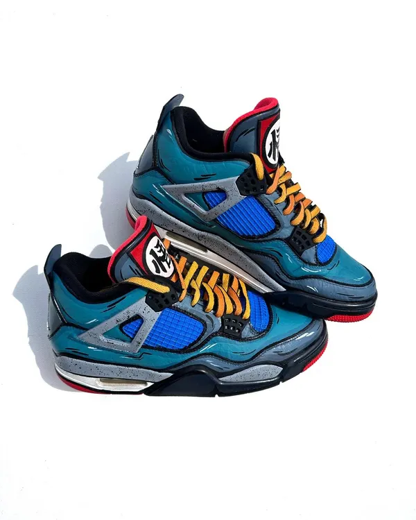 Here's a full look at the custom Dragon Ball Z Air Jordan 4s. I gave them a cartoony, sketchy feel to match the anime art style, with a muted teal and blue colorway and a pop of red. The details on these are just insane.