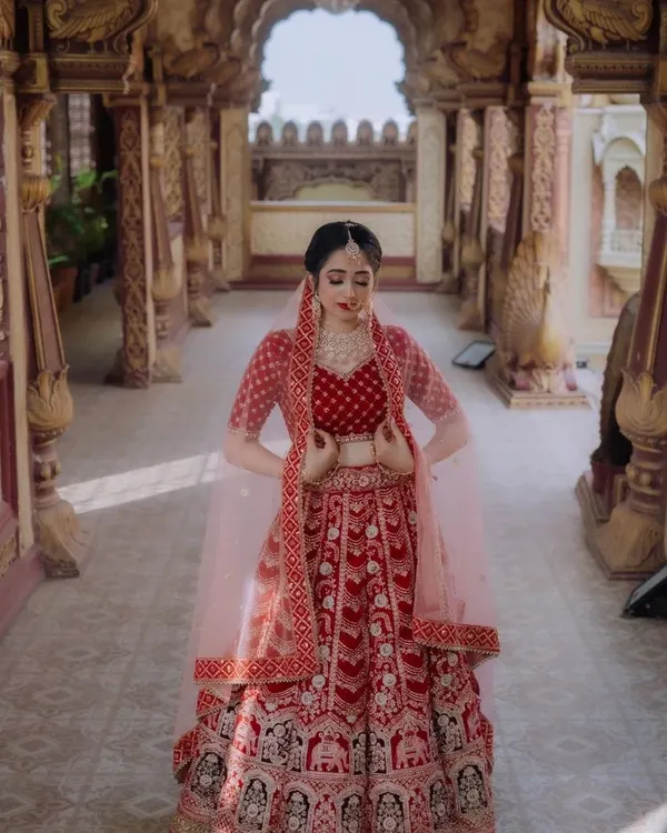 A stunning red bridal lehenga, a timeless choice for any bride. This piece features beautiful doli and elephant motifs embroidered all over, telling a story of tradition and celebration. The matching blouse and dupatta complete this royal look.