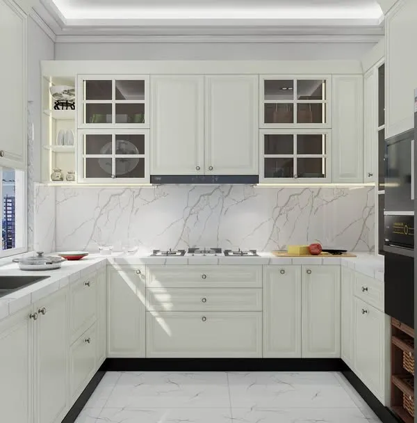 A 3D render of a classic U-shaped kitchen in all-white. This design features glass-paneled upper cabinets, a marble-patterned backsplash, and traditional hardware, creating a bright and airy feel.