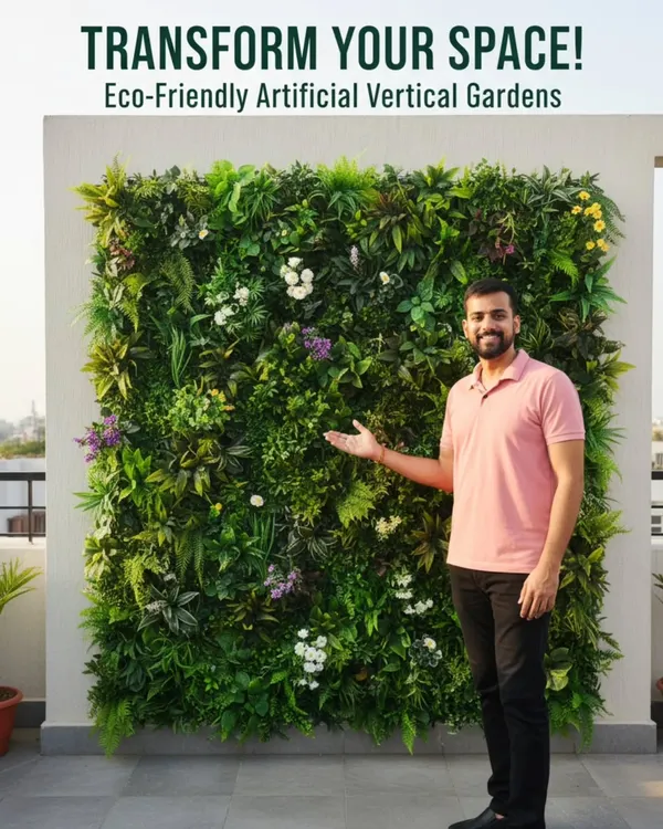 Here I am with a finished eco-friendly artificial vertical garden. These panels are dense with a mix of ferns, flowers, and leaves to create a rich, natural look on any wall.