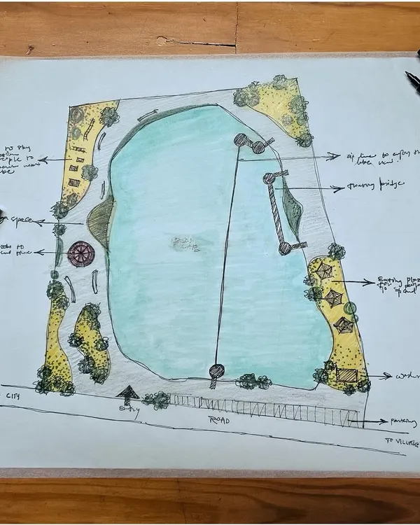 This hand-drawn master plan for a lakefront park shows a complete recreational ecosystem. It details the placement of a zip line across the water, a floating bridge, boating areas, and landscaped zones for picnics and relaxation.