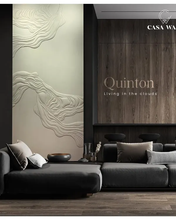 Our "Quinton" wall panel, with its flowing, cloud-like textures, brings a sense of calm and dreaminess to this living space. Paired with a dark, modern sofa, the panel becomes the room's main artistic feature, proving that walls can be art.