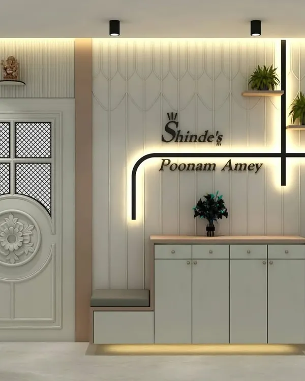 A 3D design for an entrance, showcasing a custom nameplate, a shoe cabinet with seating, and elegant wall paneling. This is where the planning for a beautiful home begins.