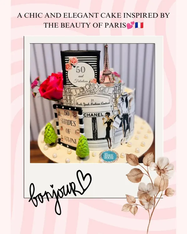 A chic and elegant cake inspired by the beauty of Paris. This design for a 50th birthday features illustrations of Chanel storefronts and a miniature Eiffel Tower.