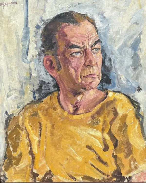 A powerful portrait of the artist Bondarenko Nikolay Ignatievich, painted by Vidya Bhushan. This piece was part of a retrospective that explored Bhushan's artistic journey and his friendships.