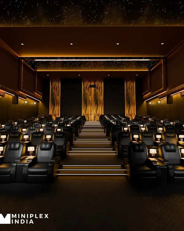 A view of a luxury multiplex I designed. It features a galaxy ceiling, individual lamps for each seat, and premium recliners to offer a truly high-end cinema experience.
