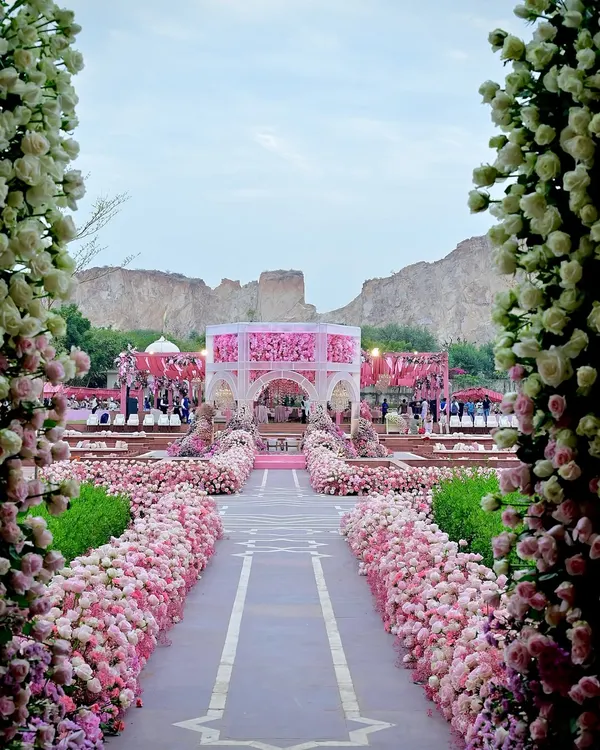 A view down the magnificent aisle, lined with a dense carpet of pink roses and hydrangeas, leading to the spectacular floral mandap. The design created a grand yet intimate pathway for the couple.