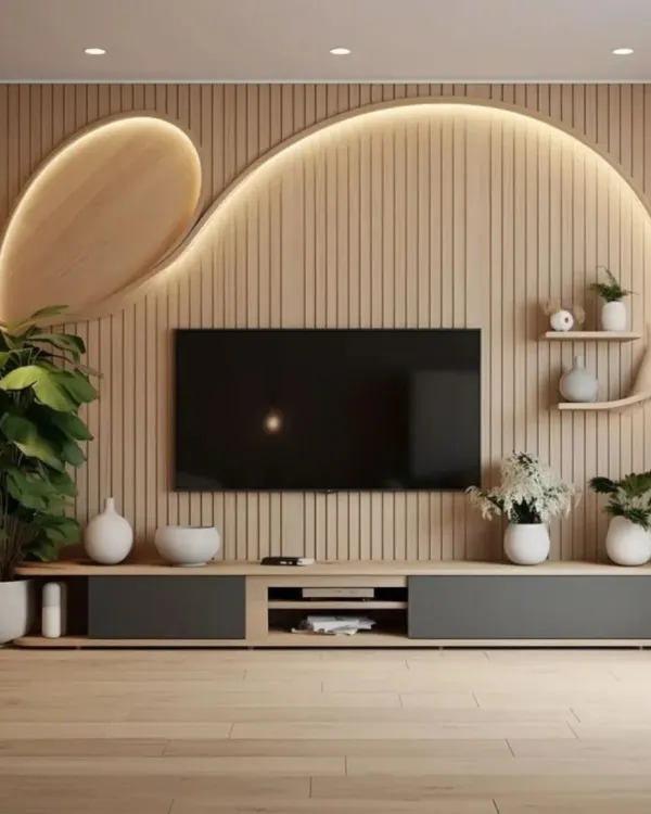 This creative TV wall unit uses fluted wood paneling with a gracefully curved accent piece that incorporates display shelves. The organic shape and warm wood tones create a soft, natural focal point in the room.