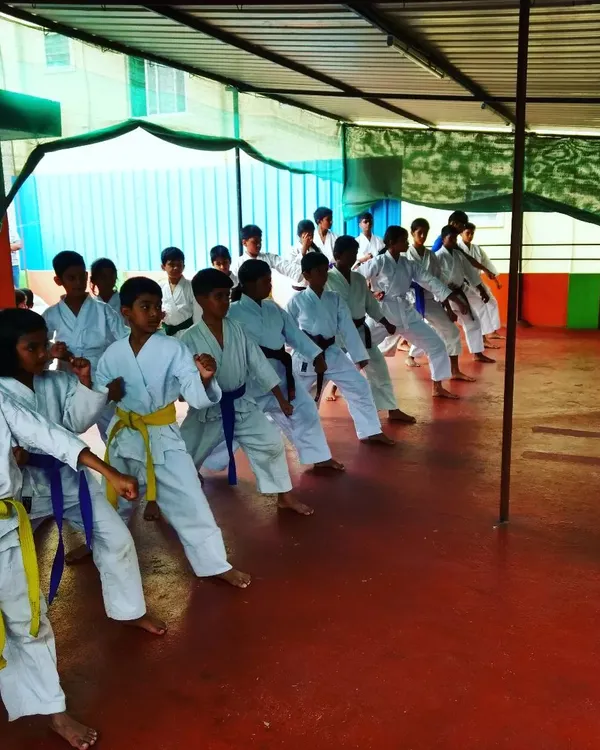 A typical kids' karate class in session. Students are lined up practicing their fundamental techniques, learning the importance of synchronized movement, discipline, and respect for their fellow practitioners.