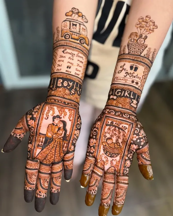 A story-based baby shower mehendi with a couple portrait, a 'coming soon' calendar, and a cute car with balloons.
