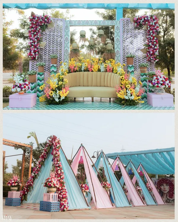 A look at the pastel-themed Haldi decor, featuring colorful drapes and a beautiful floral stage.