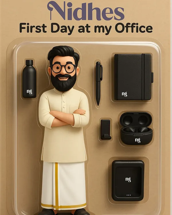 Celebrating diversity in the workplace with this unique onboarding kit. It features a character in traditional attire alongside a set of branded essentials like a bottle, diary, pen, and earbuds, making the welcome personal and inclusive.