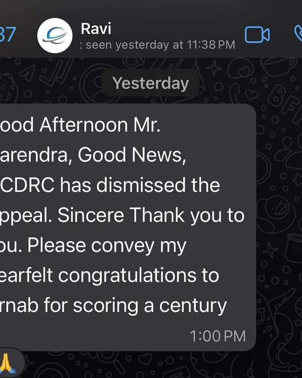 (Hero Media) This is the kind of message that makes the long fight worthwhile. After an 11-year battle in a consumer dispute case that went all the way to the National Commission in Delhi, my client received the good news. It is a testament to the power of patience and persistence in the legal process.