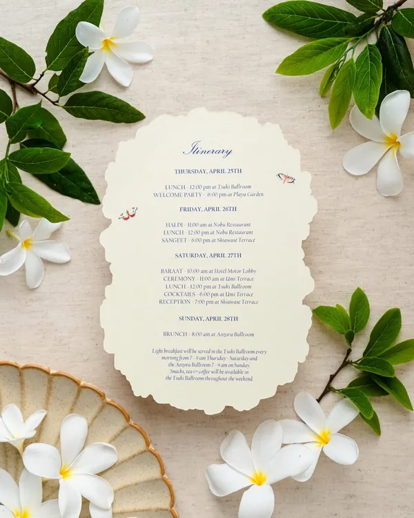 An elegant, laser-cut itinerary card with a scalloped edge. The design is simple and classic, with beautiful typography and two small, illustrated birds adding a touch of personality.