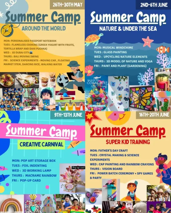 A preview of our action-packed summer camp schedule. We offer multiple themed weeks like "Around the World," "Nature & Under the Sea," and "Super Kid Training" to keep kids engaged and learning.