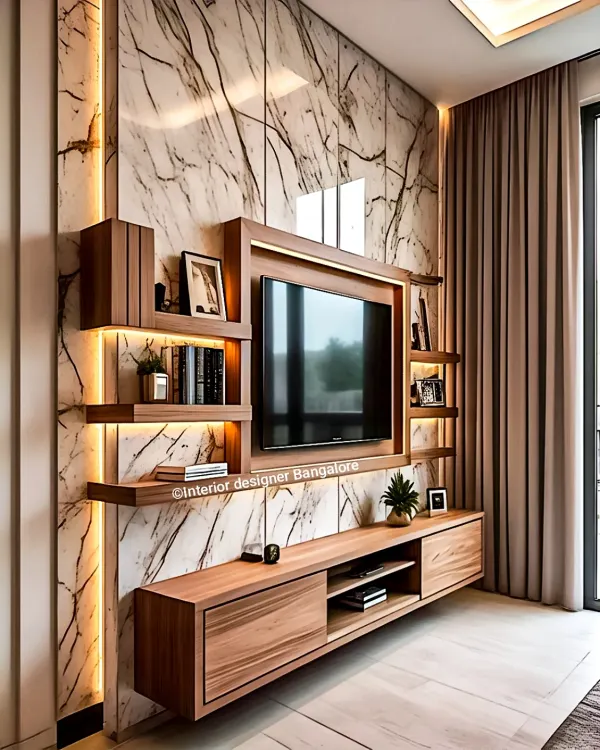 This elegant TV unit is a focal point, featuring a marble-effect backdrop, warm wood shelving, and integrated LED lighting. It's a perfect blend of luxury and modern design for any living room.