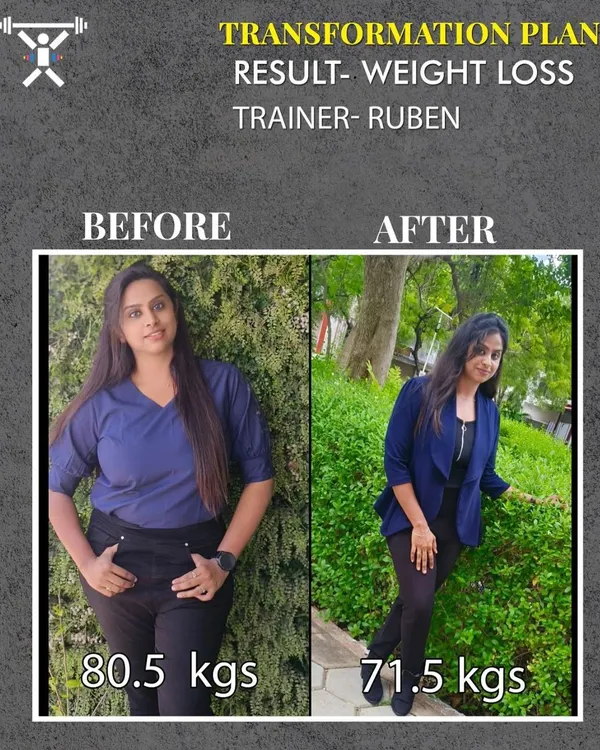A powerful example of our weight loss transformation plan. This client went from 80.5 kgs to 71.5 kgs with the help of her dedicated trainer, Ruben, and a consistent, personalized fitness regimen.