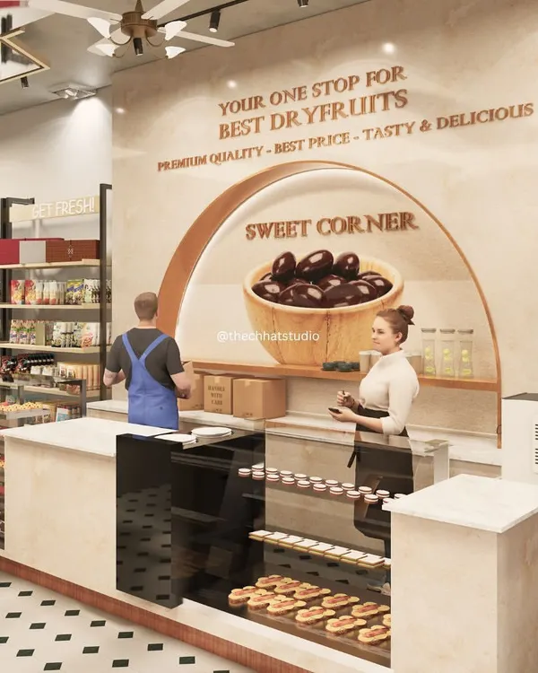 For this dry fruit and sweet shop, I designed a welcoming "Sweet Corner" with an arched feature wall and a clean, modern counter. The design aims to draw customers in and highlight the products in an appealing and organized way.
