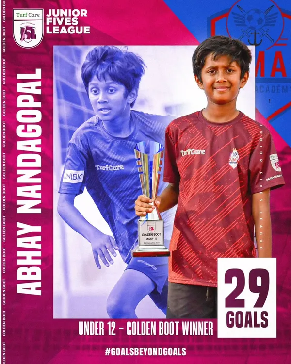 Our "Goal Machine" Abhay Nandagopal with his Golden Boot award from the Junior Fives League, his third consecutive top scorer trophy.