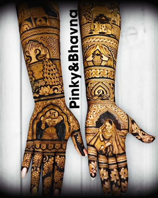 A complete bridal set telling a story from every angle. One hand features a portrait of the bride in her veil, while the other shows a depiction of Ganesh, symbolizing auspicious beginnings. The arms are filled with classic motifs like peacocks and elephants.