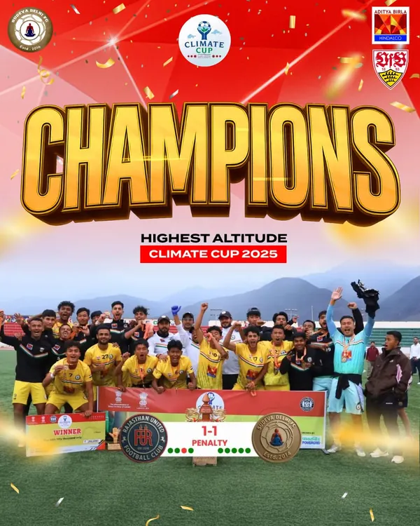 CHAMPIONS! This is the moment we were crowned champions of the highest altitude tournament, the Climate Cup 2025 in Leh. After a 1-1 draw, we held our nerve to win on penalties. A victory of pure spirit.