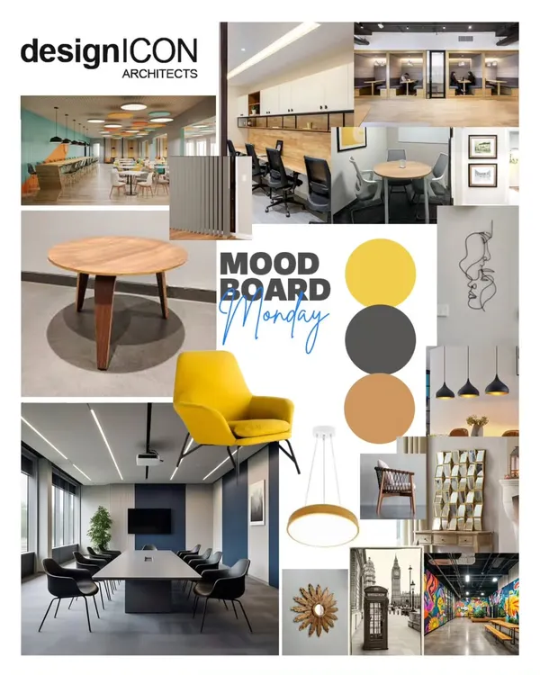 A 'Moodboard Monday' example for a future-ready workspace. We use mood boards like this to align with clients on aesthetics, combining inspirational images, color palettes, and material textures to define the project's visual direction.