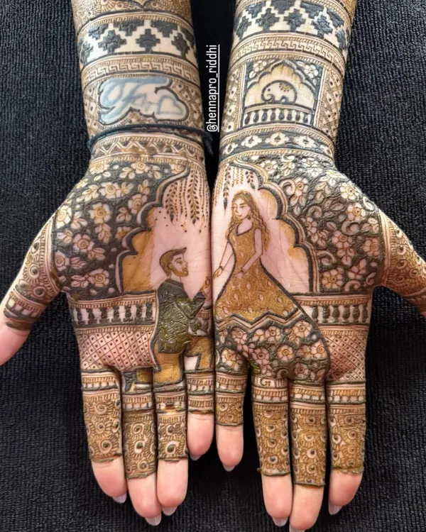 This is what I love to do most, telling your story. This design captures a beautiful proposal moment, making the engagement henna incredibly personal and a memory to cherish forever.