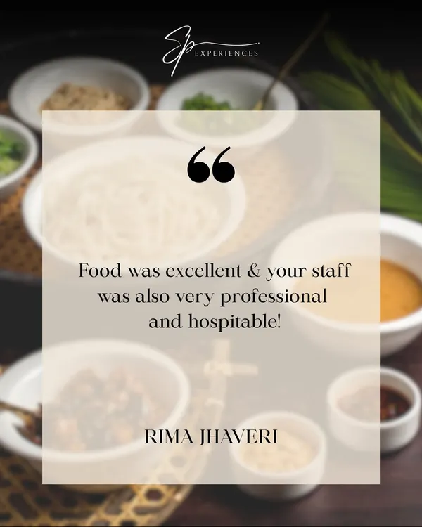 "Food was excellent & your staff was also very professional and hospitable!" - Rima Jhaveri. Kind words like these are the secret ingredient to our happiness.