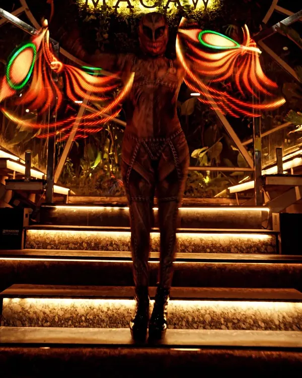A spooky and spectacular look for a Halloween show at Macaw by Stories. The pixel fans can be programmed with Halloween-themed patterns, adding to the eerie atmosphere.