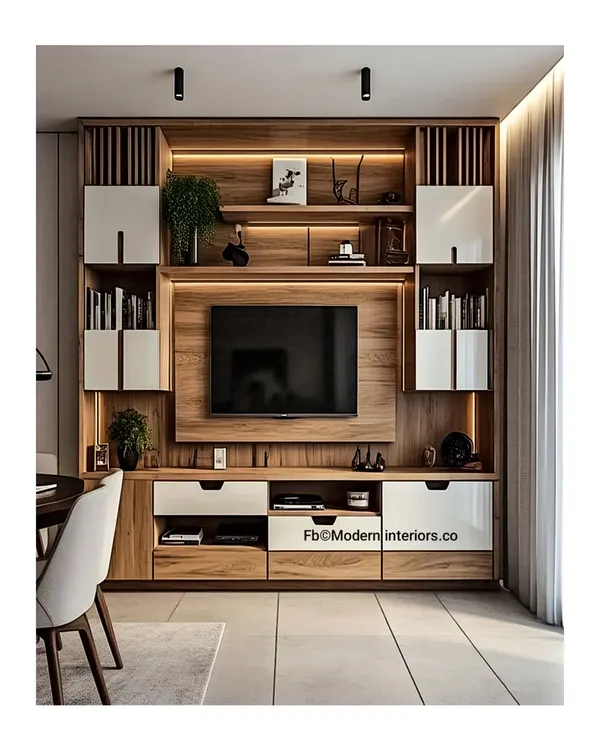 This TV unit design combines the warmth of wood with crisp white cabinets for a balanced, modern look. I included a mix of open and closed storage to keep things organized, while the vertical wooden slats add texture and visual interest.