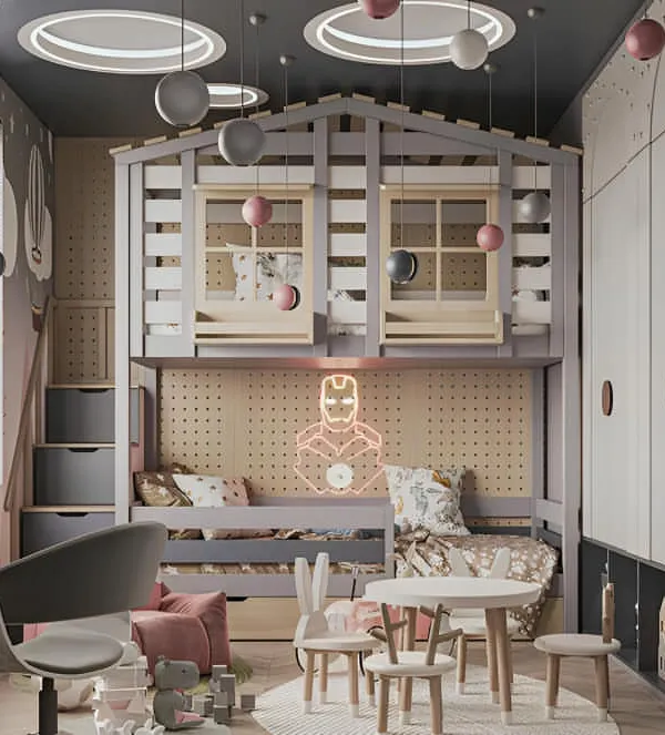 An imaginative kids' room featuring a house-themed loft bed with windows. The space below serves as a play area with a small table and chairs, complemented by a large built-in wardrobe.