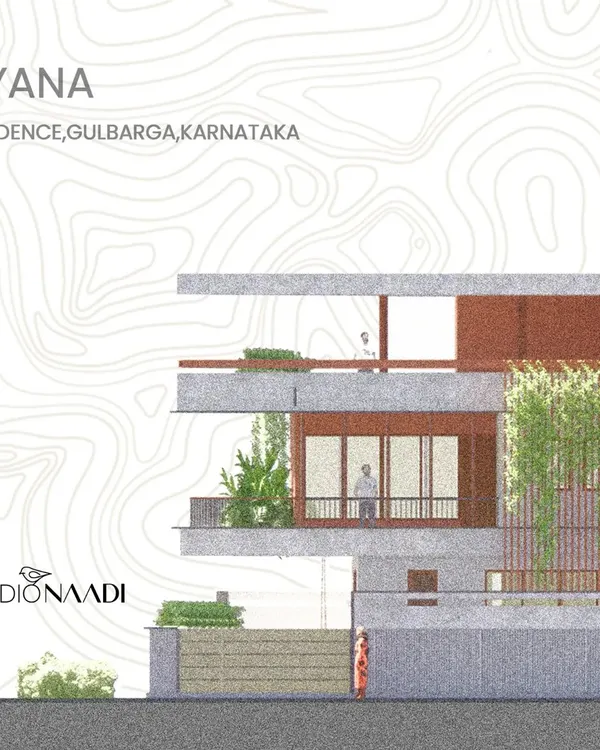 An architectural elevation drawing of the 'Ayana' residence. This type of drawing is a crucial part of my design process, allowing me to study the building's proportions, materials, and the integration of landscape elements like planters and green walls.