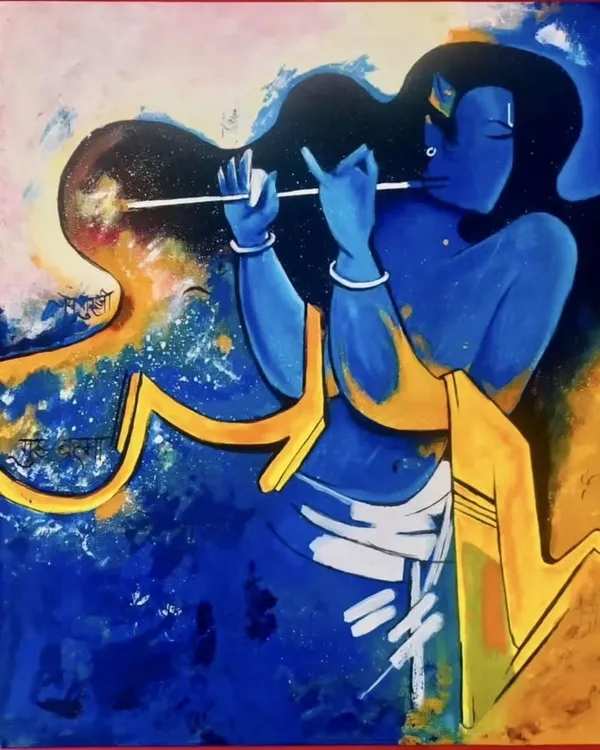 This abstract Krishna painting captures the divine musician in a moment of pure bliss. The flowing lines and blend of blue and yellow hues evoke the melody of his flute and the joy he brings.