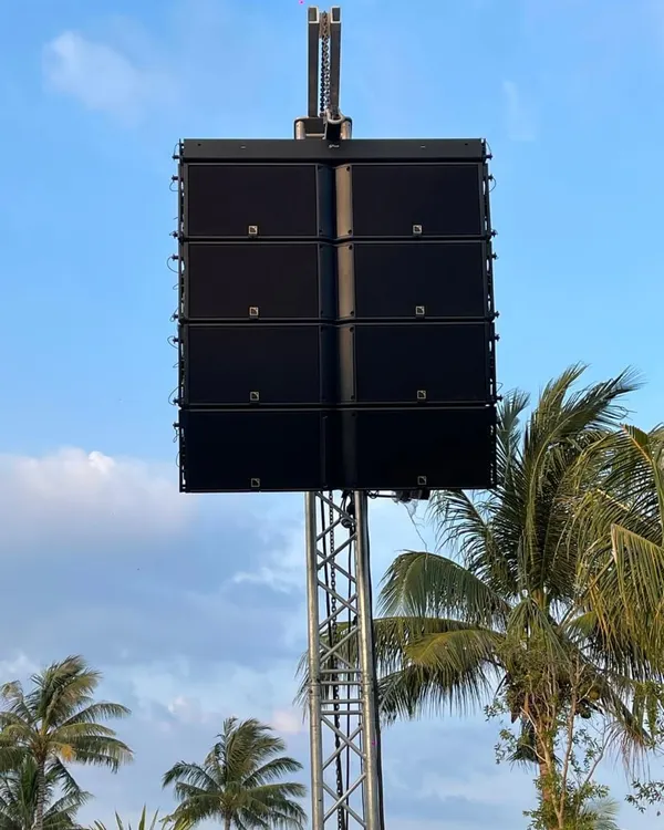 A close-up of our L-Acoustics K2 line array speaker system, the same gear used in global concert tours. We were the first to bring this world-class audio technology to Punjab, ensuring every event we manage has crystal-clear, powerful sound, whether it's for a live band or a massive festival.