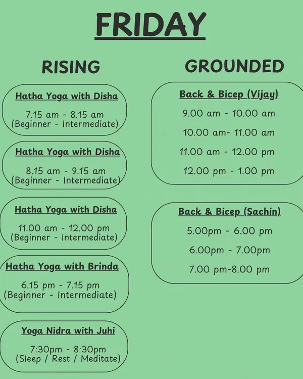 Our Friday schedule is here. Plan your day with us, from energizing Hatha Yoga in the morning to a restful Yoga Nidra session to end your week.