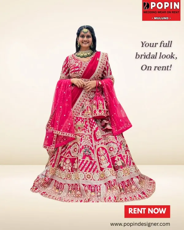 This is your complete bridal look, all available on rent. This stunning pink lehenga, intricately embroidered with doli and baraat motifs, comes with perfectly matched jewelry to make you feel like royalty.