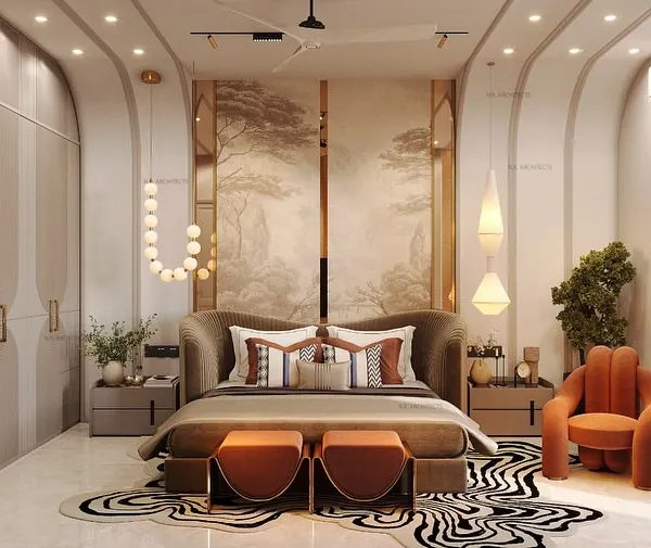 This bedroom is sculpted for serenity with soft curves and soothing vibes. From the walls to the ceiling, the seamless flow of curved forms and a contrasting sculptural chair bring a calm that you can feel.