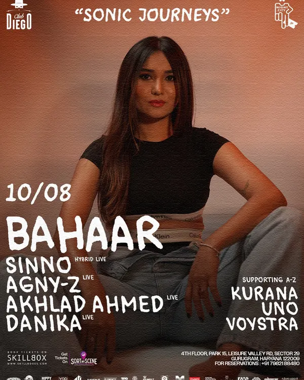Poster for a 'Sonic Journeys' event at Club Diego, Gurgaon. Part of a weekend with two very special gigs.
