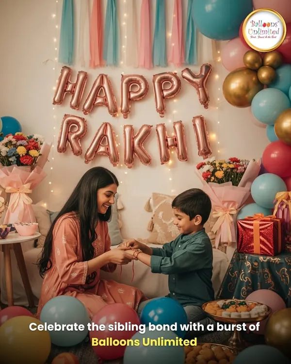 Celebrate the special bond between siblings with our beautiful Raksha Bandhan decor. This setup features "Happy Rakhi" foil balloons, elegant bouquets, and a color-coordinated balloon garland to make the day truly memorable.