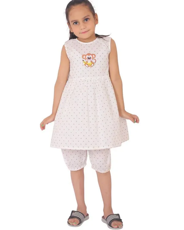 A clean, front-facing e-commerce shot of a girl's frock and capri set. This type of image is standard for Amazon and Flipkart listings.