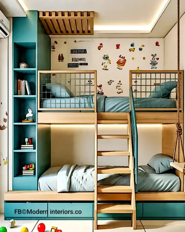 This fun and functional kids' room features a bunk bed with an integrated teal shelving unit and a small swing for play. The design maximizes vertical space, leaving plenty of room on the floor for activities.