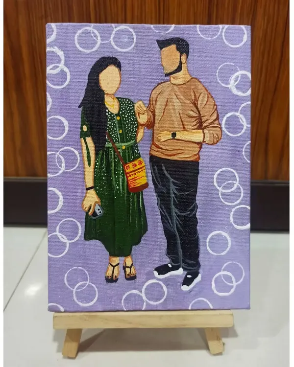 This custom faceless couple portrait on a mini canvas is a popular gift. I focus on the outfits and posture from your photo to capture your unique connection.