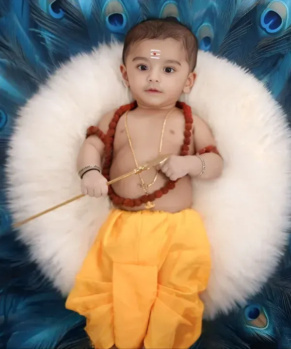 A beautiful portrait of a baby boy dressed as Lord Muruga, looking directly at the camera with a sweet expression. The backdrop of peacock feathers adds a touch of divine splendor.