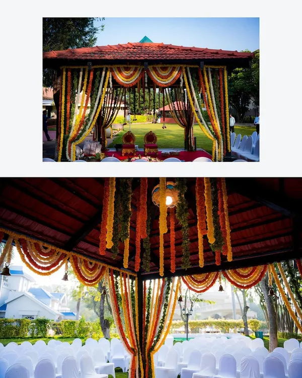 A beautifully decorated mandap set in a lush green lawn, ready for a wedding ceremony. We capture the grandeur of your event setup.