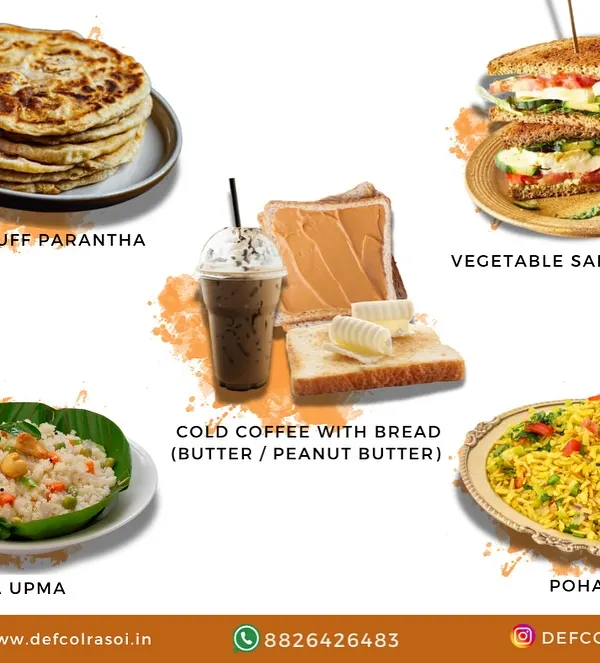 Our breakfast delivery menu, featuring healthy options like Stuffed Parantha, Vegetable Sandwich, Rava Upma, and Poha.