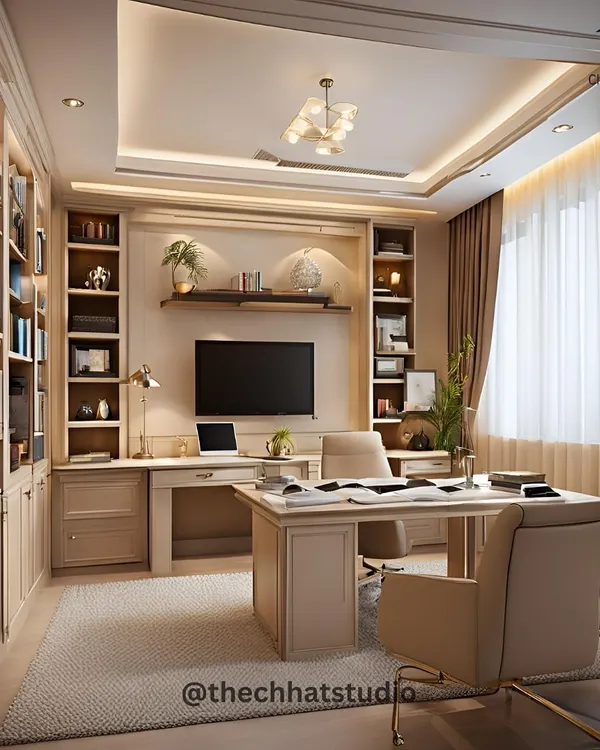 This executive office combines luxury with functionality. The design features a sophisticated beige palette, custom library shelving for ample storage, and a large desk setup that commands the space while maintaining a serene, organized atmosphere.