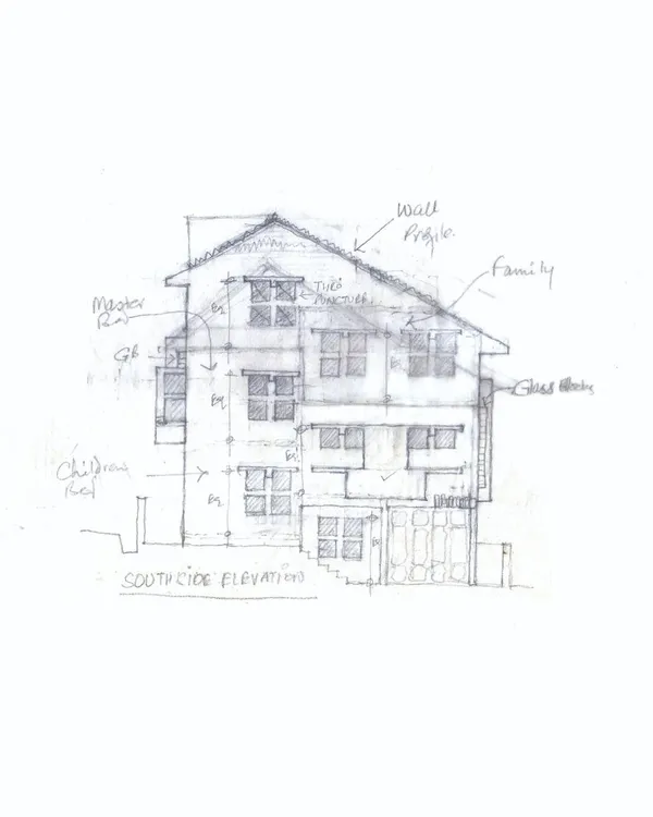 An early conceptual hand sketch of the south-side elevation for 'Nachiar Illam'. This is where we begin to define the form, massing, and window placements.