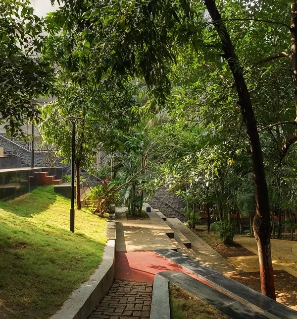 Nepean Greens in Mumbai is a versatile public plaza we designed to be accessible for all, with sloping lawns, terraces, and a continuous ramp for the elderly and disabled.