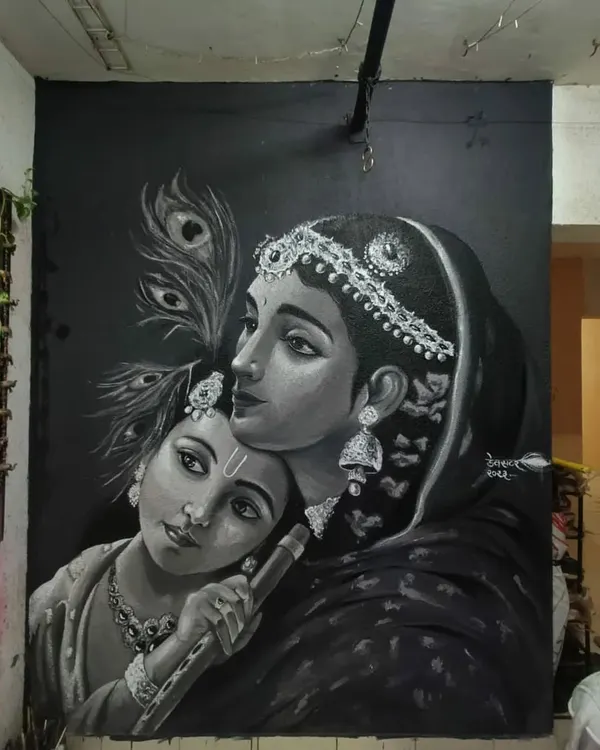 The final mural of Yashoda and Krishna, installed in a client's space. This custom Indian mythological painting serves as a major focal point in the room.