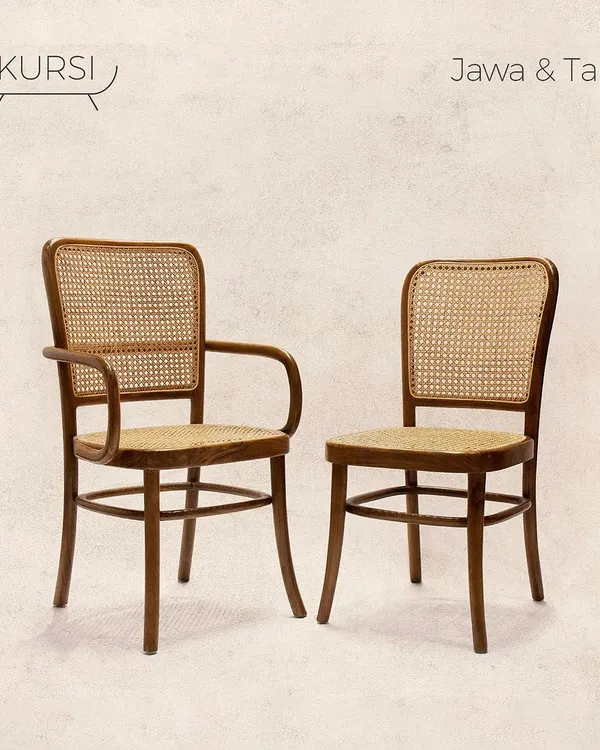 The perfect pair for any dining space: my 'Tara' and 'Jawa' chairs. The 'Jawa' features elegant arms while the 'Tara' is a classic side chair, both with bentwood frames and caned seats.